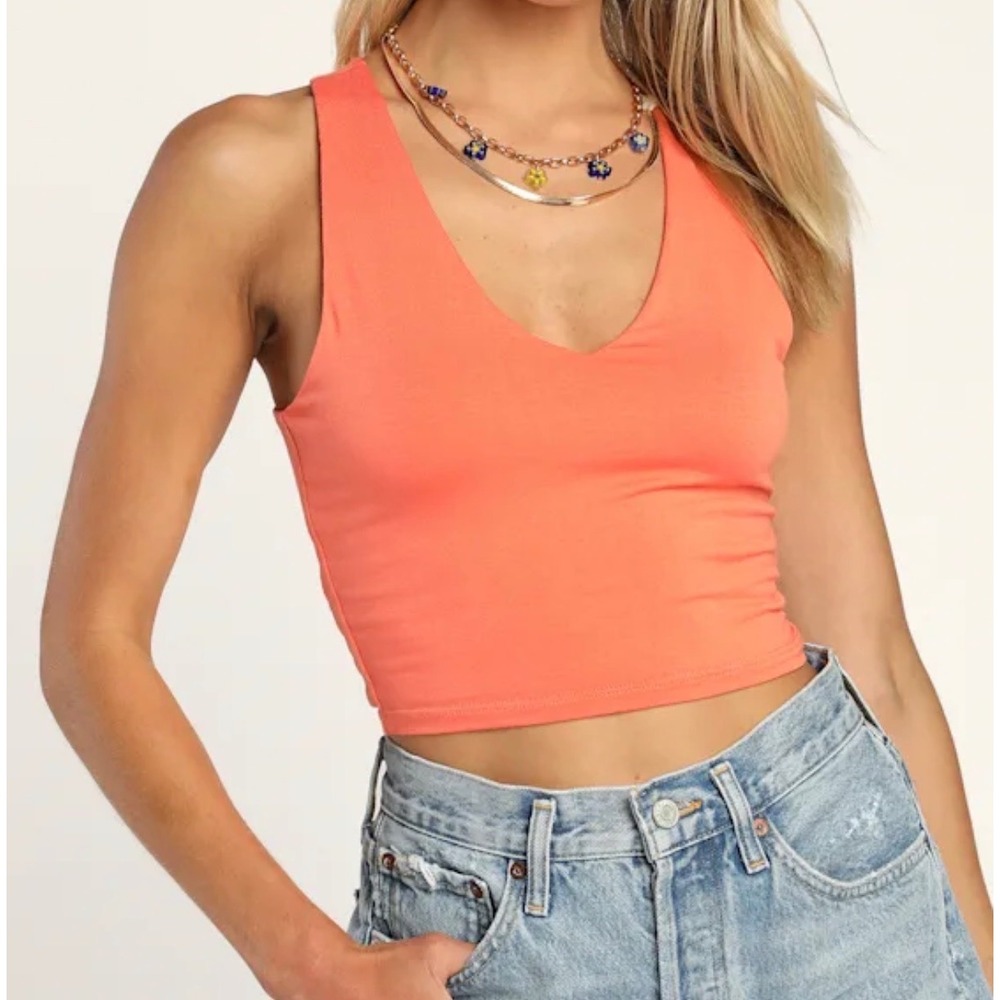 Lulus Feel Like Dancing Coral Orange V-Neck Racerback Crop Top Medium NWT